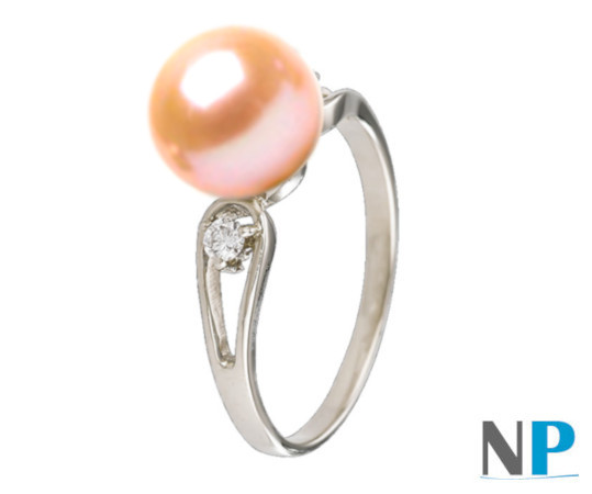 Bague en Argent avec diamants perleAnello in argento 925 e diamanti con perla d'acqua dolce AAA rosa pesca (colore naturale)de culture d'eau douce rose pêche