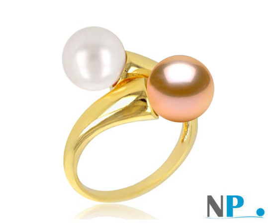 Anello You&Me, oro giallo  con 2 perle d'acqua dolce bianca e rosa pesca