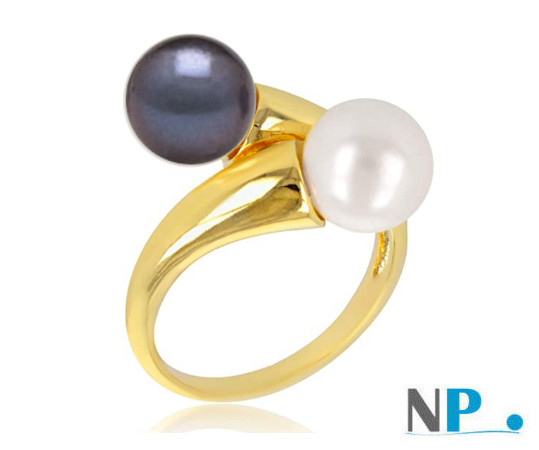 Anello You&Me, oro giallo  con 2 perle d'acqua dolce bianca e nera