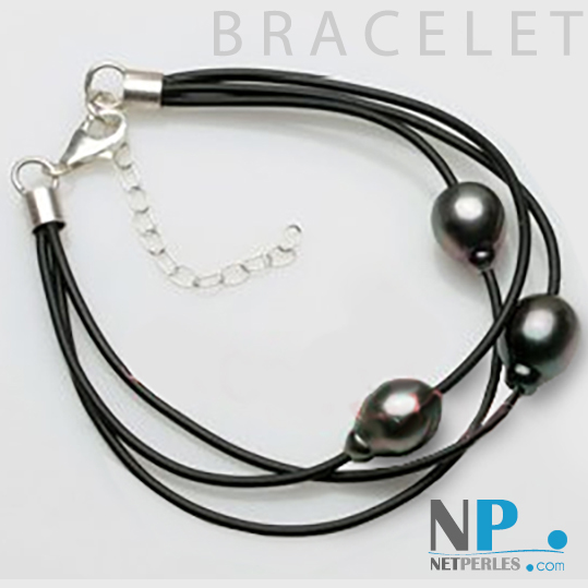 Bracciale 3 lacci di cuoio intrecciati e fermaglio in Argento 925 con 3 perle di Tahiti a goccia