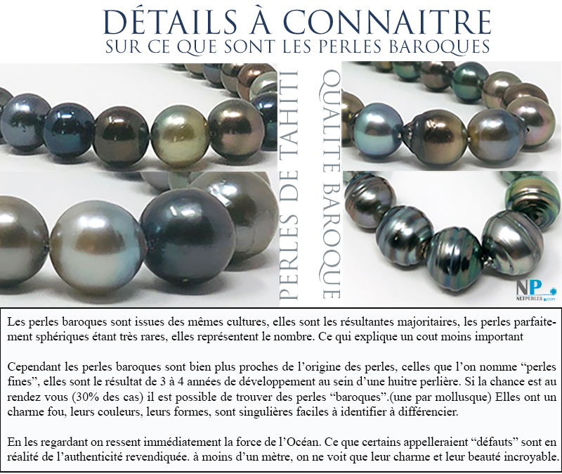 Collier de perles baroques de Tahiti, perles noires, details sur ces perles au charme et a l'esprit iode