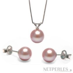 Parure di 2 gioielli: pendente e orecchini con perle d'acqua dolce lavanda AAA