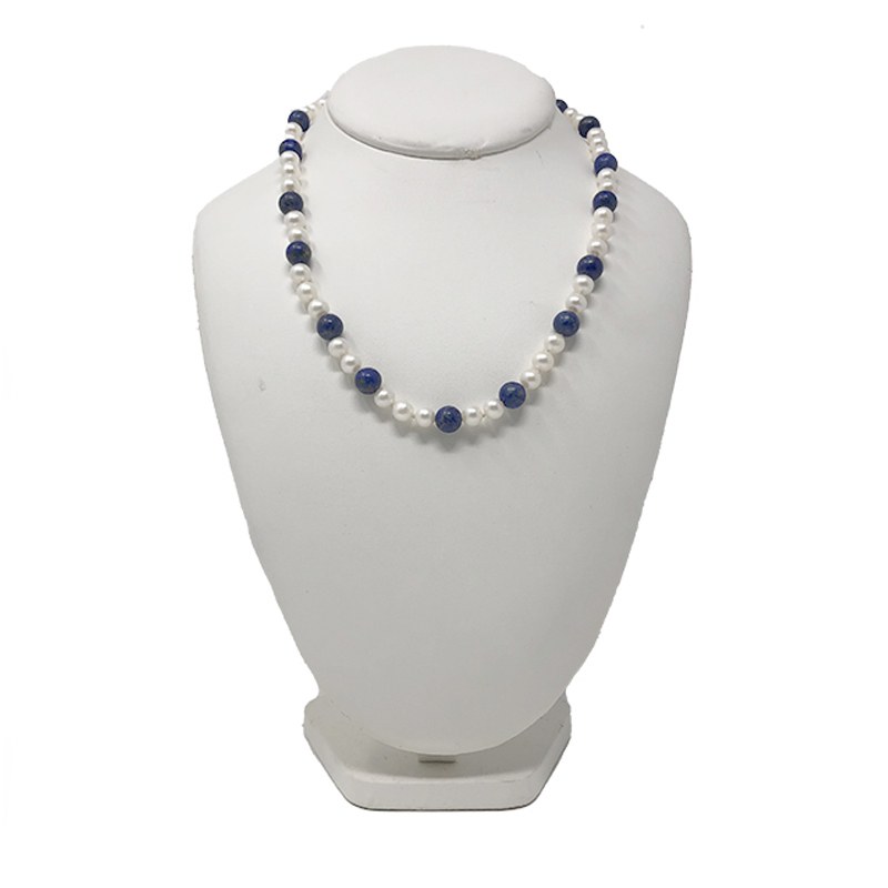 Collana di perle d'acqua dolce bianche 6-7 mm AA+ e perle Lapislazzuli blu 8-8,5 mm