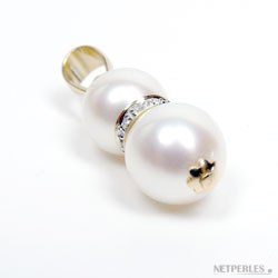 Ciondolo perle d'acqua dolce bianche 8-9 mm e 9-10 mm AAA oro 14k e diamanti