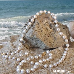 Parure di 3 gioielli di perle d'acqua dolce 7-8 mm AAA, 45/18 cm, perle in oro giallo 18k