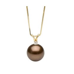 Pendente Oro 18k diamante 0,10ct e perla di Tahiti color cioccolato AA/AA+