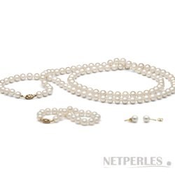 Parure 3 gioielli perle d'acqua dolce 7-8 mm, sautoir 90 cm