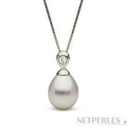 Pendente Argento diamante perla Australiana bianca Drop 10-11 mm AA+