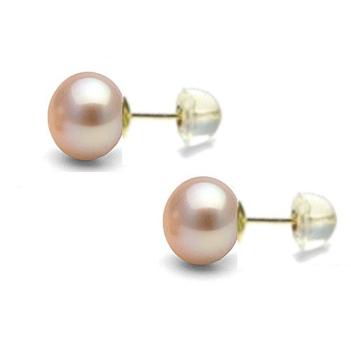Orecchini oro 18k silicone perle di Acqua Dolce 8-9 mm rosa pesca AA+ a bottone