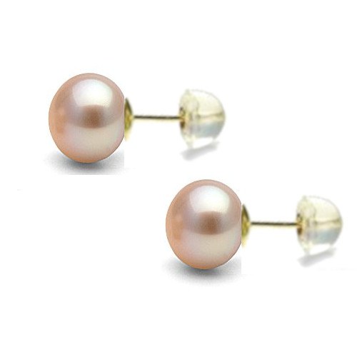 Orecchini oro 18k silicone perle di Acqua Dolce 9-10 mm rosa pesca AA+ a bottone