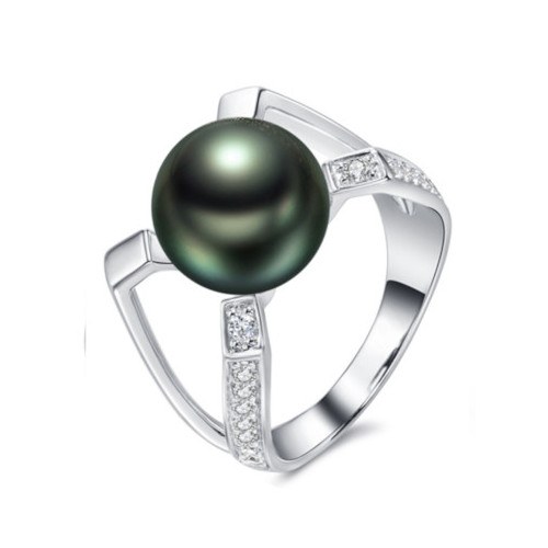 Anello in Argento 925 zirconi e Perla di Tahiti 9-10 mm verde bronzo AAA