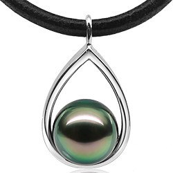 Pendente oro bianco 9k e Perla di Tahiti 10-11 mm AAA verde bronzo