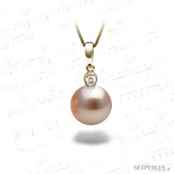 Pendente Oro 18k con diamante e perla d'acqua dolce Rosa Pesca AAA