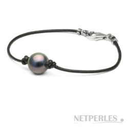 Bracciale o Collana in pelle con perla di Tahiti tra 2 nodi e chiusura in argento