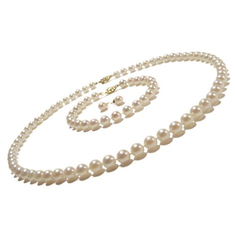 Parure 3 gioielli di perle di coltura Akoya, 6-6.5 mm, bianche