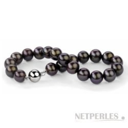 Braccialetto 18 cm perle d'acqua dolce 8-9 mm, nere AA+ , oro bianco 14k striato