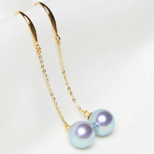 Paio di Orecchini perle Akoya blu 8-8,5 mm AAA su traversine in oro 18k