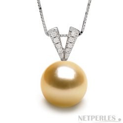 Pendente in argento 925 con diamanti, perla dorata delle Filippine