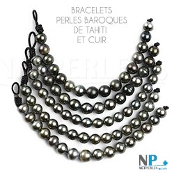 Braccialetto 18 cm cuoio con perle di Tahiti 11-12 mm Barocche