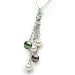 Pendente Argento 925 diamanti con 3 perle Akoya 7-7,5 mm e 2 Tahiti 8-9 mm AAA