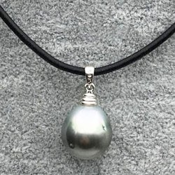 Pendente Argento 925 cuoio con perla di Tahiti barocca 11-12 mm