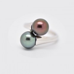 Anello You&Me, argento 925, perle di Tahiti nere qualità AAA