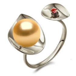 Anello Argento 925 perla dorata delle Filippine 9-10 mm AAA e tormalina rossa 