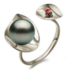 Anello Argento 925 perla nera di Tahiti 9-9 mm o 9-10 mm AAA e tormalina rossa 
