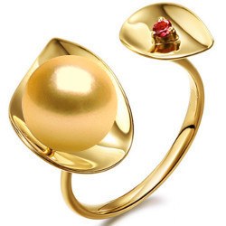 Anello Oro 9k perla dorata delle Filippine 9-10 mm AAA e tormalina rossa 