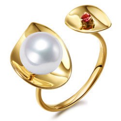 Anello in oro 18k con perla Akoya AAA e tormalina rossa