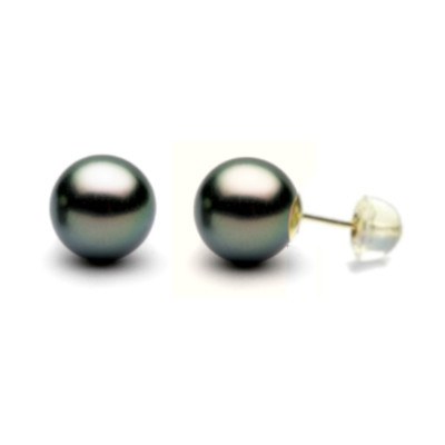Orecchini in oro 18k e silicone con perle nere di Tahiti 8-9 mm