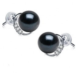 Paio di orecchini oro 18k diamanti e perle Akoya nere da 7,5 a 8 mm