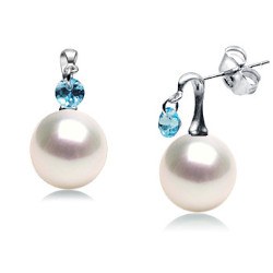 Orecchini Oro Bianco 18k e cristallo blu con perle di coltura Akoya AAA