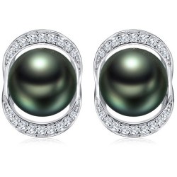 Orecchini in Argento Sterling 925 con perle di Tahiti 8-9 mm e zirconi