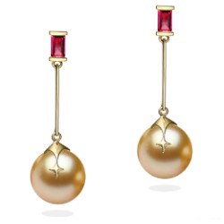  Orecchini in oro 9k con rubini e perle dorate delle Filippine 9-10 mm AAA