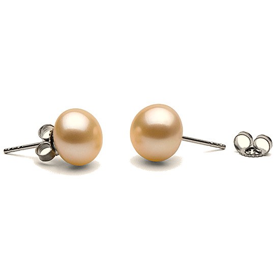 Orecchini Oro 14k di perle d'Acqua Dolce 10-11 mm rosa pesca AA+ a bottone