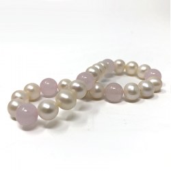 Braccialetto elastico 18 cm perle d'acqua dolce bianche 7-8 mm AAA e 6 perle in cristallo rosa