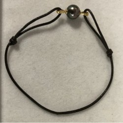 Braccialetto cordoncino di cuoio nero Perla nera di Tahiti 8-9 mm AAA Oro 18k