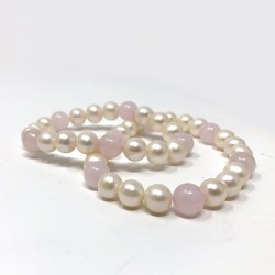Braccialetto elastico 16 cm perle d'acqua dolce bianche 7-8 mm AAA e 5 perle in cristallo rosa