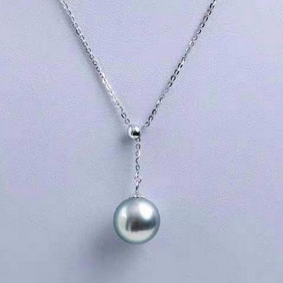 Collana Lariat 42+3 cm catenina oro bianco 14k con Perla Akoya Blu da 8-9 mm AAA