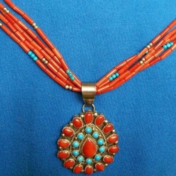 Collana Begay Navajo Corallo e Turchese su Argento 925 53 cm