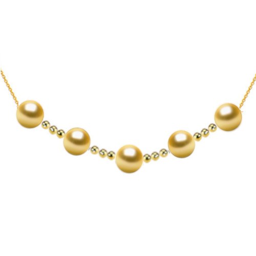 Collana con 5 perle dorate delle Filippine 9-10 mm AAA e 12 biglie in oro 18k