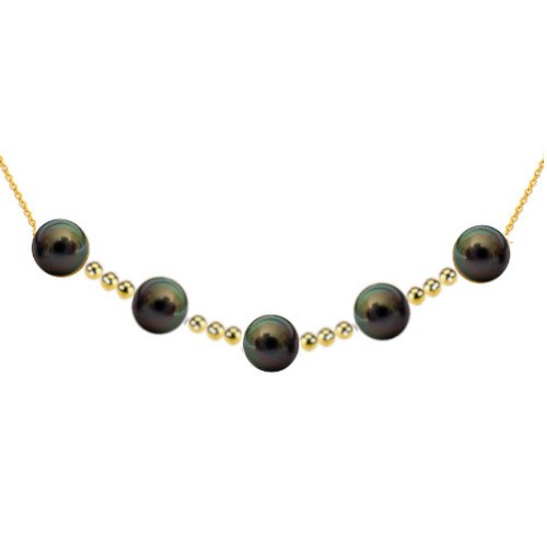 Collana con 5 perle nere di Tahiti 9-10 mm AAA e 12 biglie in oro 18k su catenina forzato
