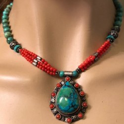 Collana in Argento Corallo e Turchese Indiano Navajo 44 cm