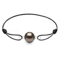 Braccialetto cuoio nero 18 cm Perla nera di Tahiti 8-9 mm AAA Oro bianco 18k