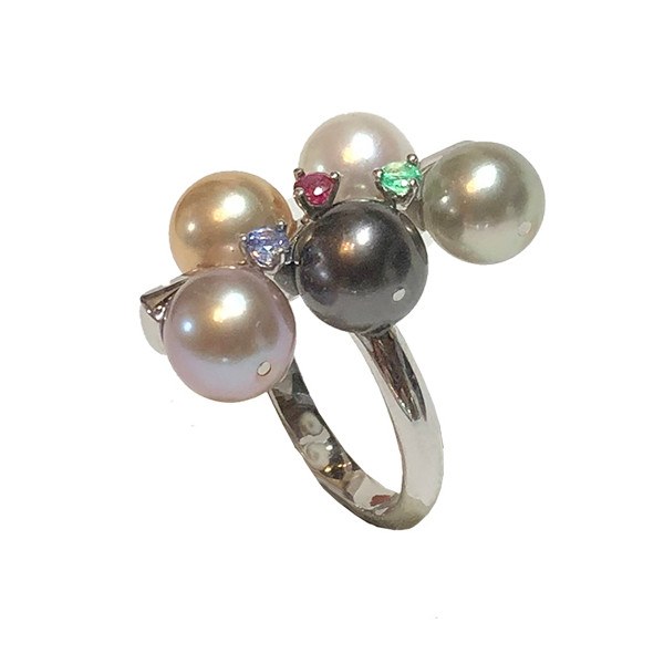 Anello Oro 18k Pietre preziose e Perle: 1 perla di Tahiti, 1 Akoya e 3 DOLCEHADAMA
