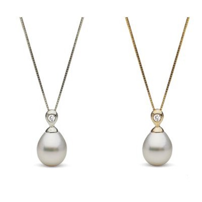  Pendente in oro 18k Diamante e perla Australiana bianca a goccia 10-11 mm AA+