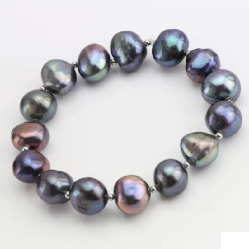 Braccialetto elastico perle acqua dolce nere 9-11 mm biglie Argento Placcato Oro Bianco