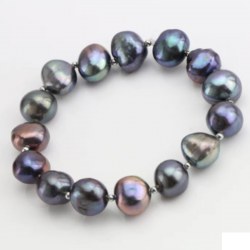 Braccialetto elastico perle acqua dolce nere 9-11 mm biglie Argento Placcato Oro Bianco