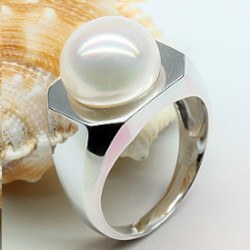 Anello Argento 925 Perla d'Acqua Dolce bianca 11-11,5 mm AA+ forma a bottone